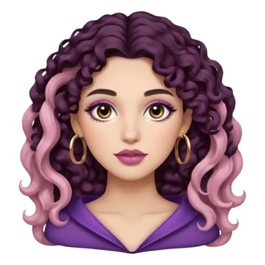 Woman with long dark wavy 2b curls, big brown eyes, thick brows, fair/light-medium skin, rosy blush, glossy mauve lips, gold hoops, and soft natural glam makeup. sticker