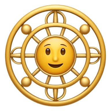A mysterious, abstract emoji with a wheel shape covered in countless small eyes and intersecting golden rings, resembling a celestial mechanism, iOS emoji style sticker