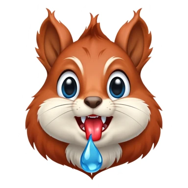 Front view of squirrel face with red-brown fur, prominent teeth, black eyes, and a huge blue drool droplet hanging from mouth, unmistakable drooling sticker