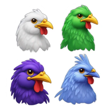 Four chickens in differents colors : blue, violet, punk and green sticker