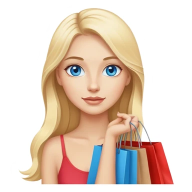 Cinematic realistic blonde with long hair, blue eyes goes shopping in her hands sticker