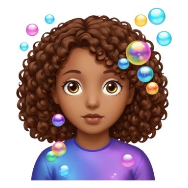 girl with brown curly hair in a side part with big brown eyes looking off to the side with bubbles on both sides of her sticker