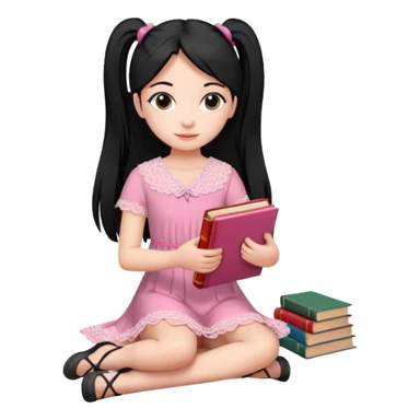 A beautiful girl, wearing a pink lace dress, her long straight black hair is tied in two ponytails, she holds books and crayons in her hands, her feet are bare, sitting on the floor with her legs crossed. sticker