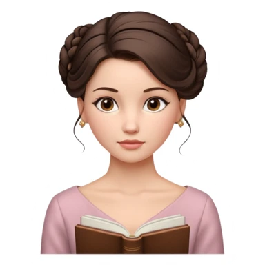 Cinematic Realistic Journal Portrait, depicted with lifelike skin texture, subtle rosy undertones, and soft natural lighting that enhances the gentle contours of her face. Her intricately detailed brunette hair is elegantly styled in an updo, sticker