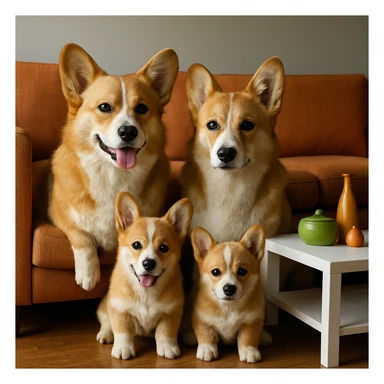 Make the corgi family and living room scene look more realistic and lifelike, with natural fur textures, realistic lighting, and detailed features, while keeping the same composition. The style should be realistic and photorealistic to enhance the natural appearance of the scene. sticker