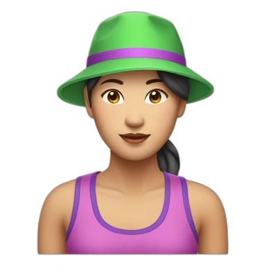 asian woman, green hat backwards, pink and purple singlet sticker