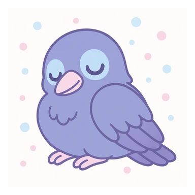 cute sleepy raven, soft round features, big eyes, gentle expression, cozy pose sticker