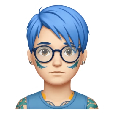 individual with blue hair, glasses, tattoo sticker