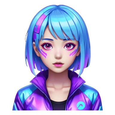 Cyberpunk Japanese girl with neon blue wig, holographic jacket, digital glitches effect, dark background with purple glow, iOS app icon style sticker