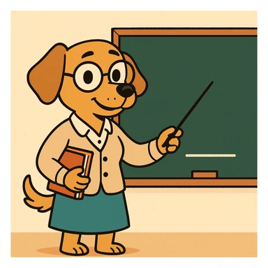 dog dressed as a teacher, standing by a chalkboard, wearing glasses and holding a pointer, cartoon style, playful and colorful sticker