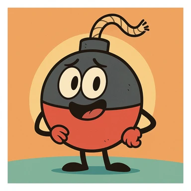 Cartoonish hybrid of a bomb and a fishing bobber, with a visible fuse, flat toon style, simple and colorful, bold outlines sticker
