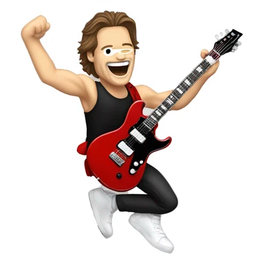 Edward Van Halen jumping, straddle-style with his signature red, black, and  white guitar sticker