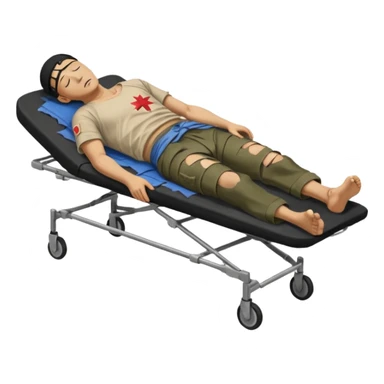 wounded man of oriental appearance, dressed in torn clothes, full length, with closed eyes, head lying on stretcher, in prone position, with injuries on black military stretcher, 1980 sticker