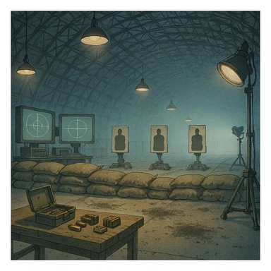 an indoor target range, inside a blimp hangar, monitor screens, sandbags, mechanical target stands with silhouette, overhead lights, blast marks on the floor, sandbags, firing range table set with ammo boxes, large work lamps, atmospheric perspective sticker