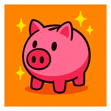cute pink piggy bank with a round snout and a classic coin slot, bright highly saturated cartoon style, with sparkles around it sticker