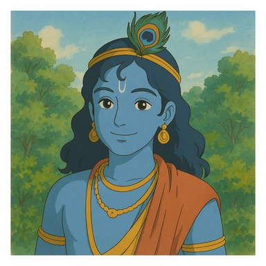 Krishna, the Hindu deity, with blue skin, peacock feather crown, gentle smile, in Ghibli style, detailed and vibrant sticker