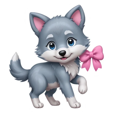 an animated gif-style sticker emote of a wolf puppy bent forward in a playful pose wagging its tail in a smooth, natural arc over its back. It has a pink bow in front of its ear and bright blue eyes sticker