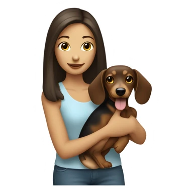 a brunette girl holding a blonde sausage dog sticker