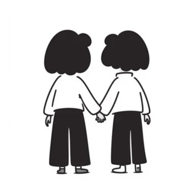 Silhouette of two identical twins seen from behind, standing side by side in pastel colors (dd9fb0, ffc6d3, a3bfc9, c4bee2, f1b091), hand-drawn doodle style sticker