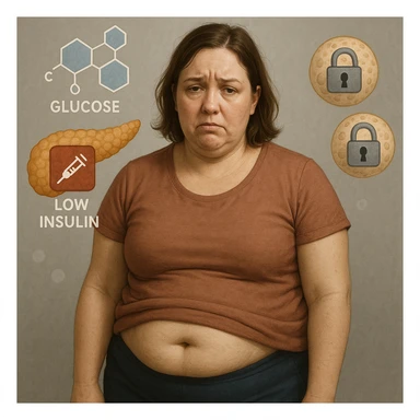 Realistic late 30s woman, slightly overweight, fat accumulation on abdomen and face, in a neutral environment. Expression tired and frustrated. Around: stylized pancreas with low insulin icon, glucose molecules, cells with closed padlocks. Realistic style with medical symbolic elements. sticker