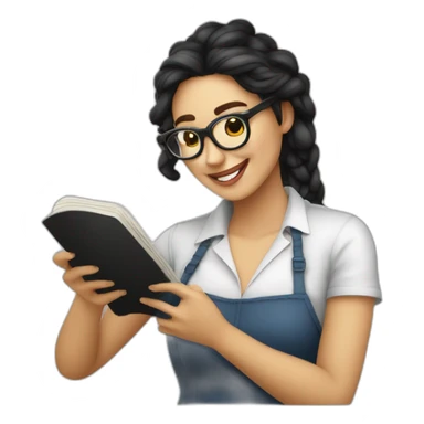 mujer piel blanca gafas pelo negro largo comiendo spaguetti y camarones sticker