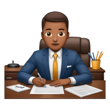 Hip hop music record company executive in office sitting at desk with contract on top of desk sticker