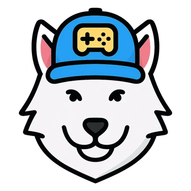 icon of a white wolf wearing a gamer hat, clean lines, simple color palette, minimal background sticker