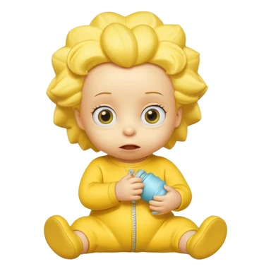 A 3D cartoon baby character entirely yellow, yellow skin, styled like Maggie Simpson, with pacifier, yellow onesie, big eyes, smooth shading, Memoji-style rendering, consistent with other yellow Simpsons characters. sticker