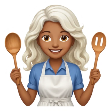 woman, brown skin, white long wavy hair, with apron sticker