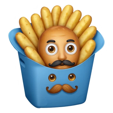 fried potatoes in a blue carton, carton has eyes and mustache sticker