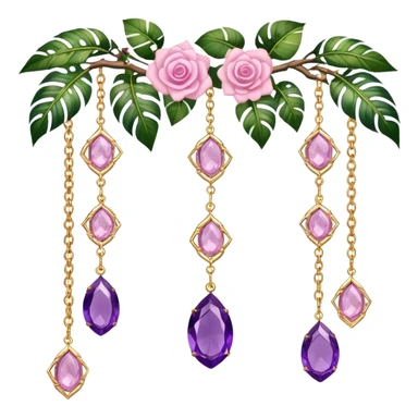 Hanging suncatcher, gold chains with shiny sparkly amethyst and rose-quartz gemstones, roses, beautiful tropical leaves, gorgeous aesthetics sticker