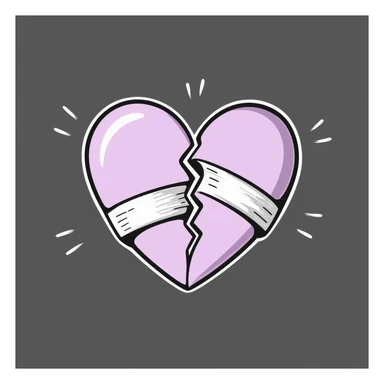 broken heart emoji with jagged split and bandage over the crack, chalk style, soft lilac color palette, rough doodle-like texture as if drawn with pastel chalk on a dark surface, surrounded by soft curved motion lines, aesthetic and emotional Telegram channel sticker