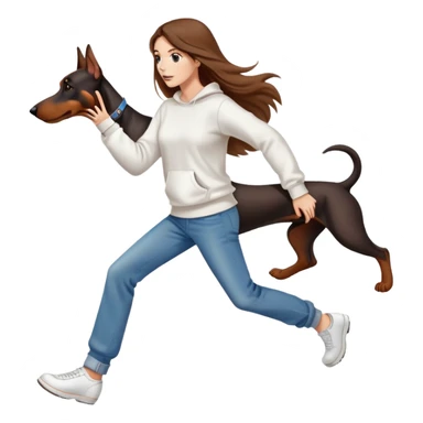 A beautiful girl with long hair wearing a white sweatshirt and jeans is chasing Doberman sticker