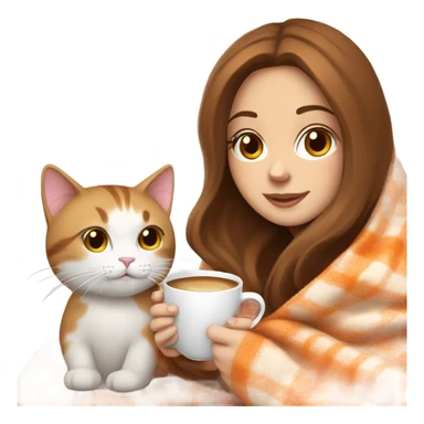 White girl brown hair sipping coffee with orange and white cat in blanket  sticker