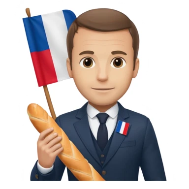 Macron avec une baguette et un drapeau français derrière lui sticker