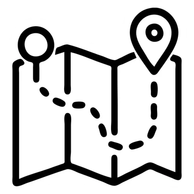 black outlined icon of a map with a route, representing travel sticker