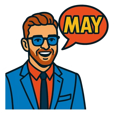 Justin Timberlake lookalike with 'MAY' in a comic bubble sticker