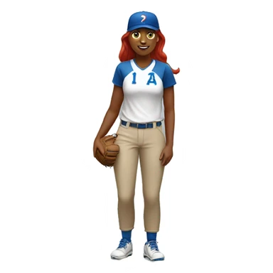 a standing white female coach with long red hair, wearing a white t-shirt and a simple blue baseball hat, in a friendly and confident pose sticker