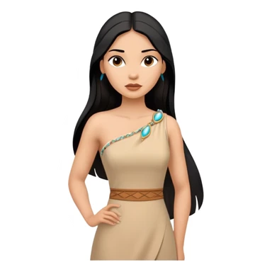 Pocahontas from hips up, tan dress with one shoulder, long black hair, minimal style but clearly recognizable sticker