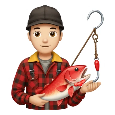 vit Ung man med svart keps röd gul rutig flanellskjorta hållandes en brun båtshake med hängande jättestor torsk sticker