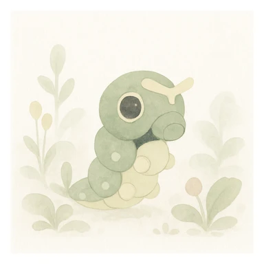 Caterpie in a watercolor garden, soft watercolor style sticker
