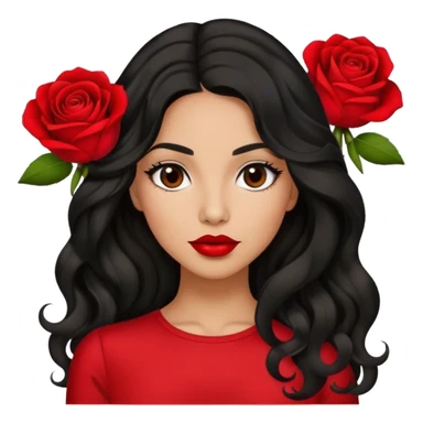 Red lips Olive brown eyed women with black long wavy hair rose background red top sticker