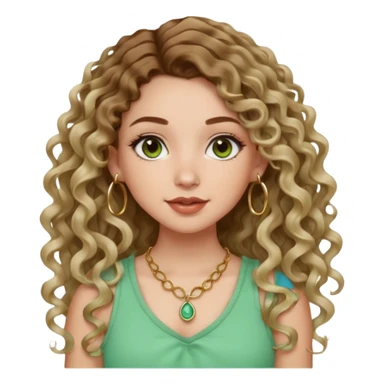 cute girl with not volominous VERY LONG curly/wavy balayage hair brown eyes full lips cute makeup cute necklace and hoop earrings white girl with light green top sticker
