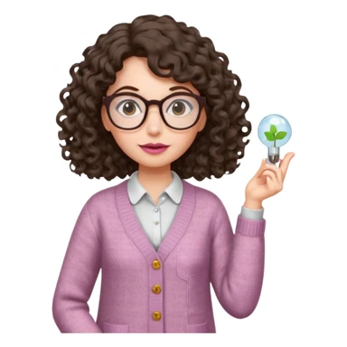 A crazy female scientist, with curly-wavy dark brown hair, brown eyes and light grey glasses and pale skin and pinkish lips, dressed to look like an english teacher sticker