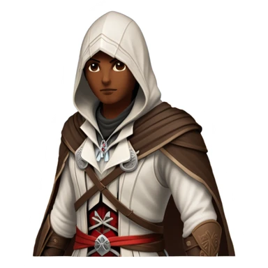 icon featuring Assasin's Creed in an iconic assassin's hood, standing tall against the backdrop of Florence. The design captures the essence of adventure, with intricate details of historical architecture and a sense of mystery. The character is poised, ready for action. transparent background. sticker