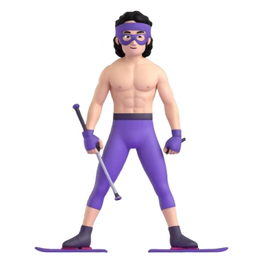 shirtless athletic man with white skin and black curly hair, wearing a purple ski mask sticker