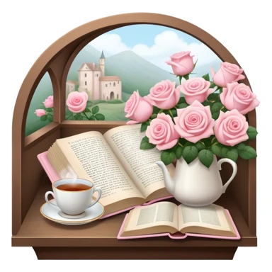 A cozy reading nook with an open book, a steaming cup of tea, and a bouquet of pale pink roses. sticker