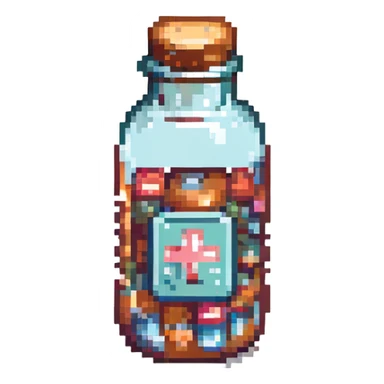medicine bottle with blocky, retro graphics sticker