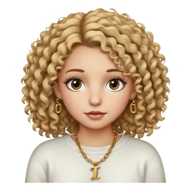 a dirty blonde girl with brown eyes and make her wearing a white sweater and a necklace with I intial with curly hair and white skin color, long hair and big lashes sticker