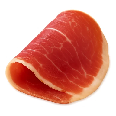 Show only one thin, delicately folded slice of dry-cured ham (jambon cru) with deep pink to reddish hue and visible streaks of white fat. Texture should be silky, slightly translucent, and marbled, with a natural fold or curl. Fat should look creamy and well integrated. Clean 3D, soft lighting, transparent background, emoji scale. sticker